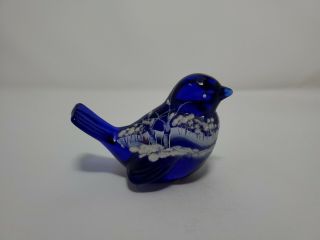 Bird Figurine Fenton Cobalt Blue Glass Canaan Valley Hand Painted White Winter