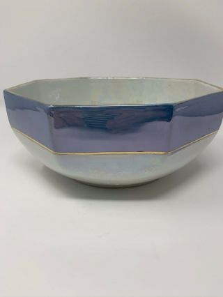 Vintage Blue & White W Gold Trim Large Lusterware Bowl Made In Japan 8” Art Deco 2