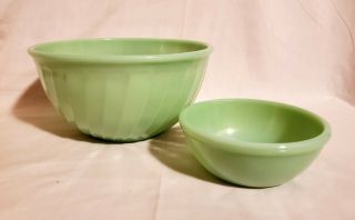 Vintage Fire King Jadite Green Swirl 9” Mixing Bowl,  5.  5” Heavy Cereal Bowl - E