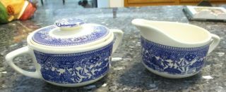 Vintage Royal China Blue And White " Willow Ware " Cream And Sugar W Lid