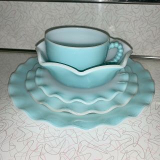 Vtg Hazel Atlas 5 Piece Crinoline Blue Turquoise Dinner Plate Cup Saucer & Bowl