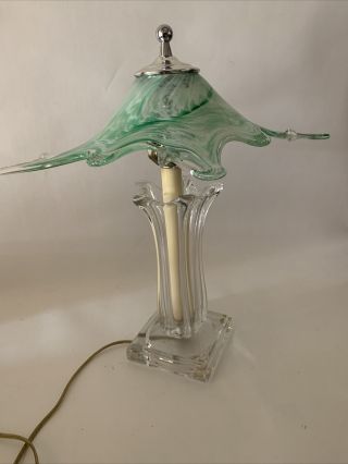 Mid Century Modern Clear Glass Boudoir Lamp Base W Art Glass Green Swirl Shade