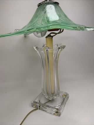 Mid Century Modern Clear Glass Boudoir Lamp Base W Art Glass Green Swirl Shade 2