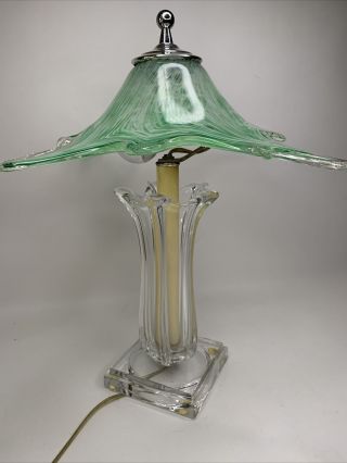 Mid Century Modern Clear Glass Boudoir Lamp Base W Art Glass Green Swirl Shade 3