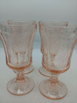 Set Of 4 Pink Vintage Federal Depression Glass Goblet Madrid Pattern 6 1/2 "