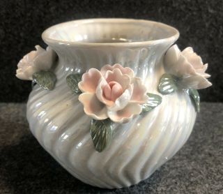 Vintage Capodimonte Porcelain Vase Applied Pink Roses Flowers Iridescent 4“