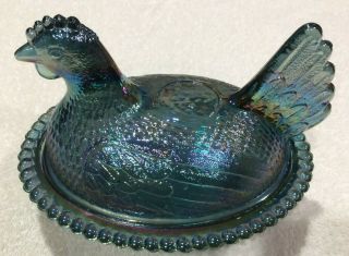 Vintage Carnival Glass Iridescent Blue Chicken Hen On Nest Covered Candy Dish