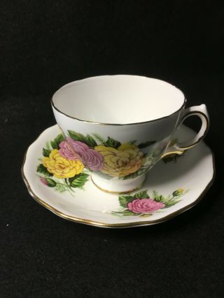 Royal Vale Pink And Yellow Cabbage Roses Bone China Tea Cup And Saucer