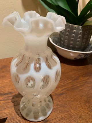 Vintage Fenton White Opalescent Vaseline Glass Coin Dot Ruffle Top Vase