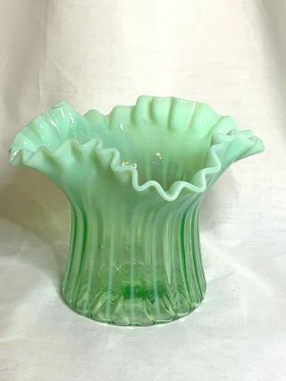 Fenton Green Opalescent Art Glass Rib Optic Pattern Hat Vase