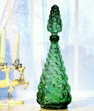 Vintage Decanter Mcm Barware Empoli Genie Bottle Green Large Bubble Italy 16 "