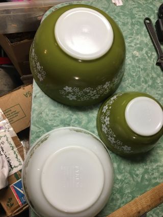 Vintage Pyrex Olive Green Crazy Daisy Nesting 3 Mixing Bowls 401 402 403 Vgc