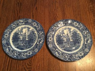 Liberty Blue Historic Colonial Scenes Independence Hall 10” Dinner Plate Set 2