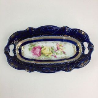 Vintage Ipf Germany Porcelain Celery Relish Dish Blue Floral Gold