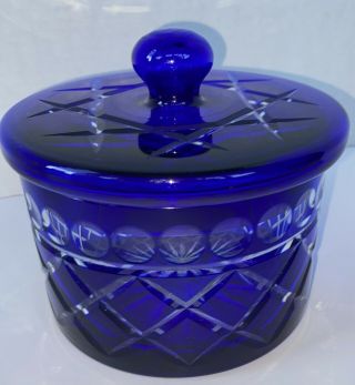 Towle Cobalt Blue Cut To Clear Bohemian Crystal Glass Candy Dish With Lid