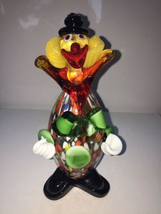 Vtg Murano Blown Glass Clown Figurine Round Oval Body Green Bow Tie Yellow Red