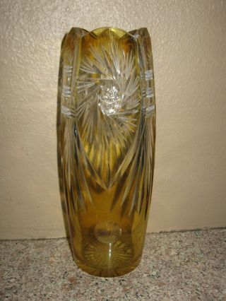 Vintage Bohemian Czech Amber Gold Cut To Clear Vase 9 " Tall
