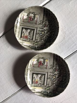 2 Vintage Johnson Brothers England Small Plate Dish Coaster 4.  25” Christmas