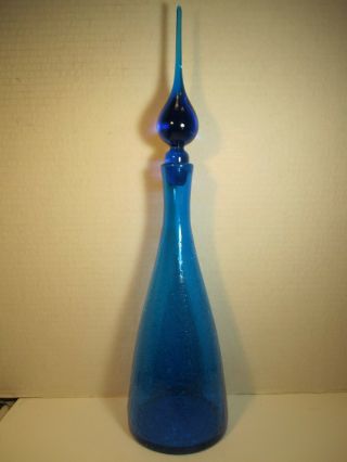 Retro Mid Century Blenko Glass Blue Crackle Glass Bottle W/ Teardrop Stopper