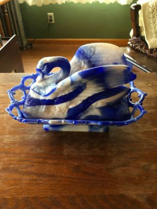Westmoreland Swan On Nest Cobalt Blue & White Slag Glass Basket Weave Candy Dish