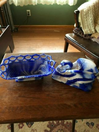 Westmoreland Swan On Nest Cobalt Blue & White Slag Glass Basket Weave Candy Dish 2
