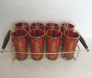 Vintage Libbey/culver Red & Gold Glasses Asian Goddess Dancer Caddy Set