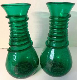 Blenko Emerald Green Crackle Glass Bud Vases Pair Applied Bands On Neck Mcm