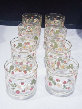 Vintage Set Of 8 Htf Libbey Strawberries Juice Glasses Strawberry Blossoms