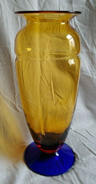 Blenko Vase Gold Amber Cobalt Blue Art Glass Signed Dated 14 " Tall