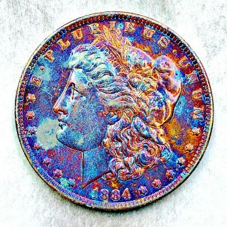 1884 - O Au Rainbow Toned Morgan Silver Dollar 90 Silver $1 Coin Us S97