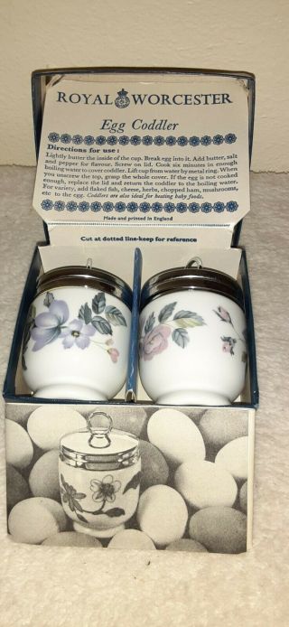 Set Of 2 Vintage Royal Worcester Egg Coddlers June Garland Box & Papers