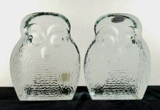 Vintage 1969 - 1982 Hvy Clear Molded Glass Blenko Owl Bookends Stickers