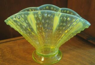 Vintage Fenton Topaz Opalescent Hobnail Vaseline Glass Fan Vase Scalloped Rim