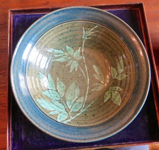 Vintage Hand Crafted Pottery - Green & Grey Leaves Bowl 9.  5 " X3 " - Signed - Steven - Fine