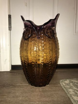 Art Glass Owl Vase Brown Base Purple Top/rim 13” Heavy Large