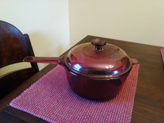 Vintage Pyrex Vision Corning Cookware 2.  5 L Cranberry Glass Pot Pan W Lid Usa