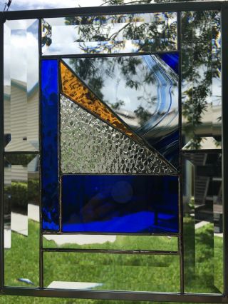 Stained Glass Window Panel,  Bevels,  Blue,  Gold & Clear Sun Catcher Handm 2