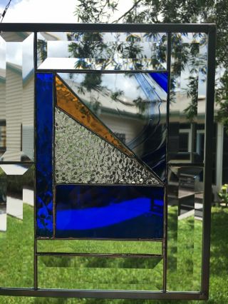 Stained Glass Window Panel,  Bevels,  Blue,  Gold & Clear Sun Catcher Handm 3
