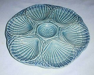 Olfaire Majolica Pottery Oyster Plate Dish Made In Portugal Teal Blue/ Turquoise