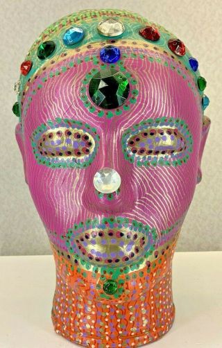 Bejeweled Hand Painted Glass Life Size Female Human Head Sculpture By Lynn Rose