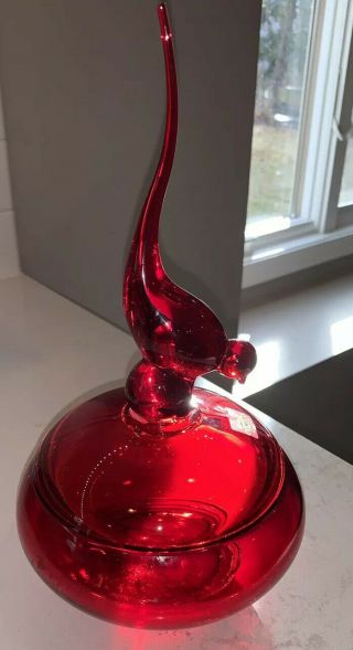 Vintage Viking Glass Mid Century Epic Bird Candy Dish With Lid In Ruby Red Color
