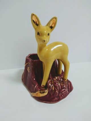 Vintage Shawnee Pottery Planter Usa 624 Yellow Fawn Deer Red Tree Stump Gold