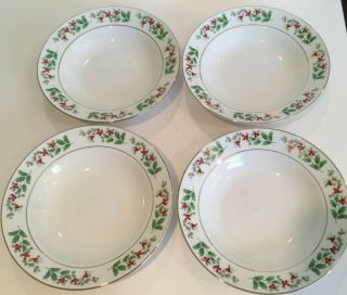 Gibson Everyday Holly Berry Christmas Charm Set Of 4 Soup Salad Bowls 8 "