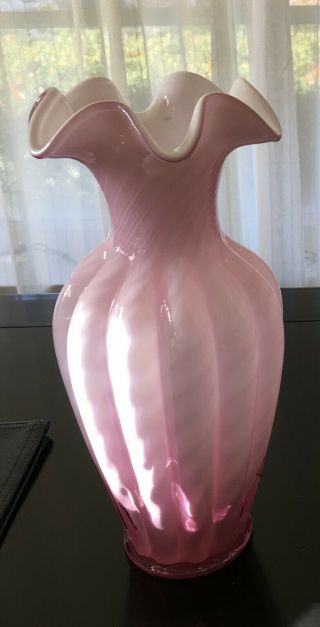 Fenton Glass Vase Pink & White Swirl Cased Glass 11 "