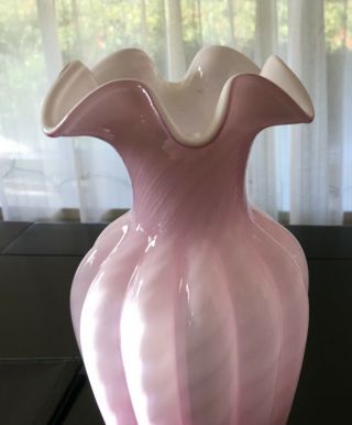 Fenton Glass Vase Pink & White Swirl Cased Glass 11 