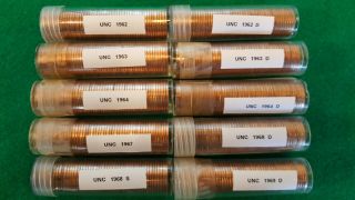 Unc Rolls Lincoln Cents: 1962,  1963,  1964,  1967,  1968,  1969 (10 Rolls)