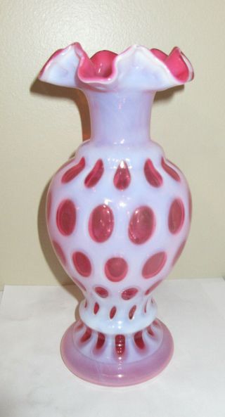 Vtg Fenton Vase Cranberry Opalescent Coin Dot Glass Double Ruffle 8.  75 " Tall