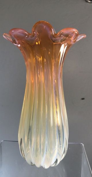Vintage Murano Glass Vase Peach Opalescent Fluted Rim Fratelli Toso