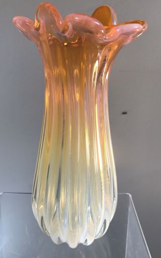 VINTAGE MURANO GLASS VASE PEACH OPALESCENT FLUTED RIM FRATELLI TOSO 2