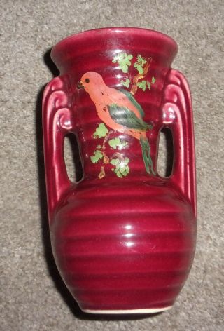 Vintage 5 " Shawnee Pottery Maroon Burgundy Double Handled Ring Pattern Vase